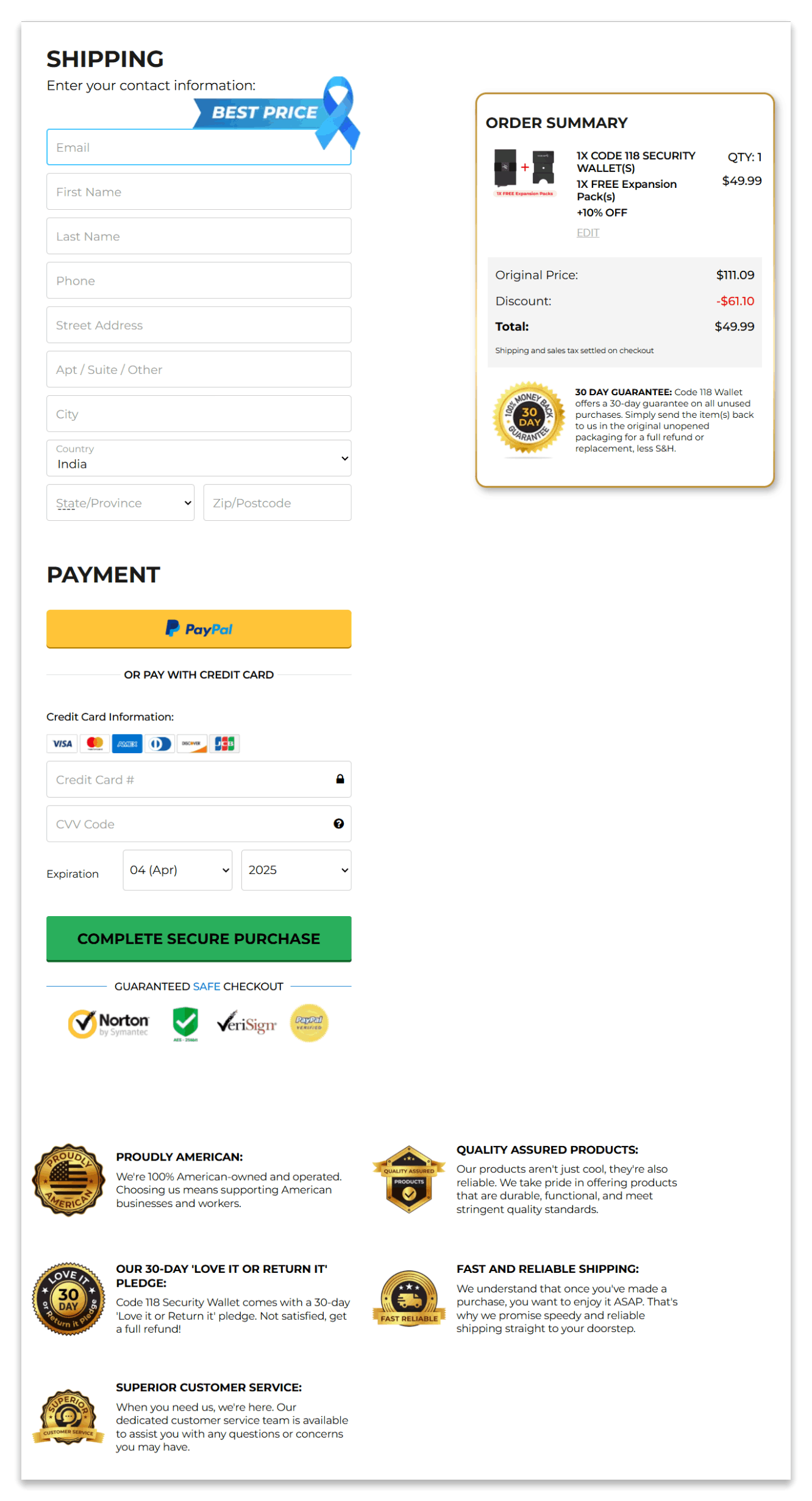 Code 118 Wallet checkout page